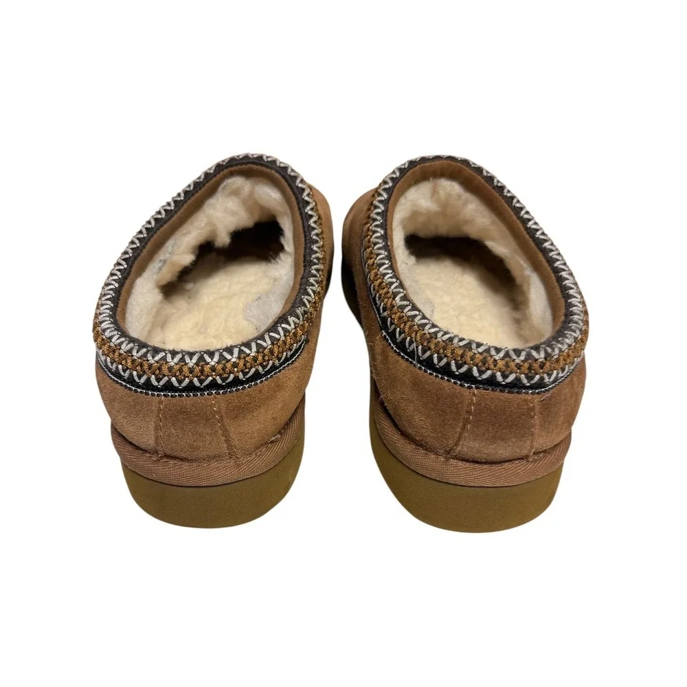 UGG Tasman Slippers Women 9.5/10 Chestnut Brown Suede Sheepskin Braid Trim - Picture 4 of 8